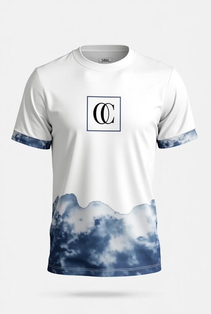 Design: At the bottom hem of the t-shirt, add a stylized design that complements the style of the monogram. It could be a geometric pattern, a flowing line or an artistic detail that aligns with the brand identity. Initials: In the bottom right corner of the bar, insert the initials "CC" in navy blue or a color that complements the design. Initials should be discreet but visible to add an elegant finishing touch.