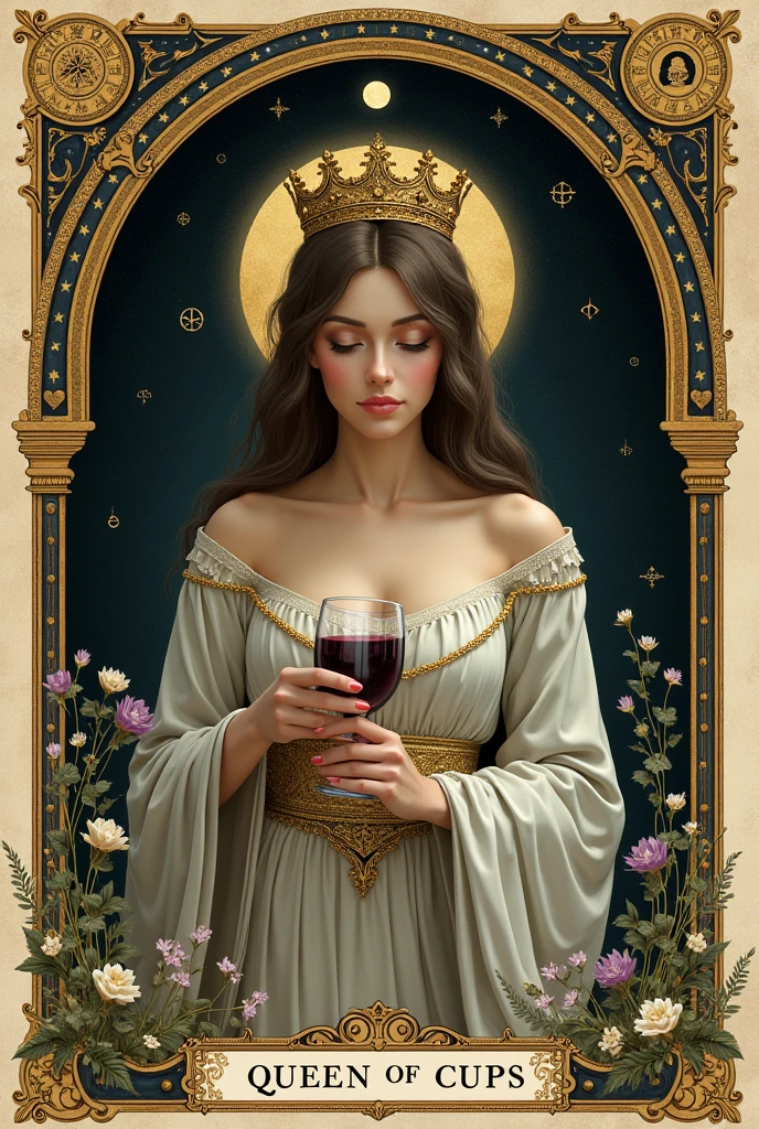 the queen of cups with a glass of wine in her hand inside a deck of spanish playing cards sticker