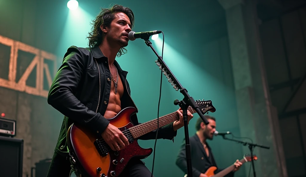 A handsome male rock star singing a song for a rock music video