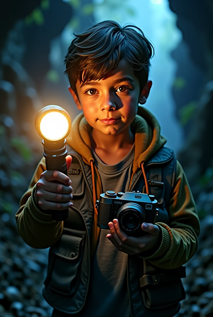 A young adventurer with a flashlight and a camera