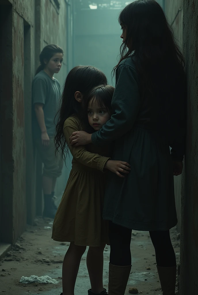 A girl saving her self behind of her sister and a bad boy looking them from a long way
