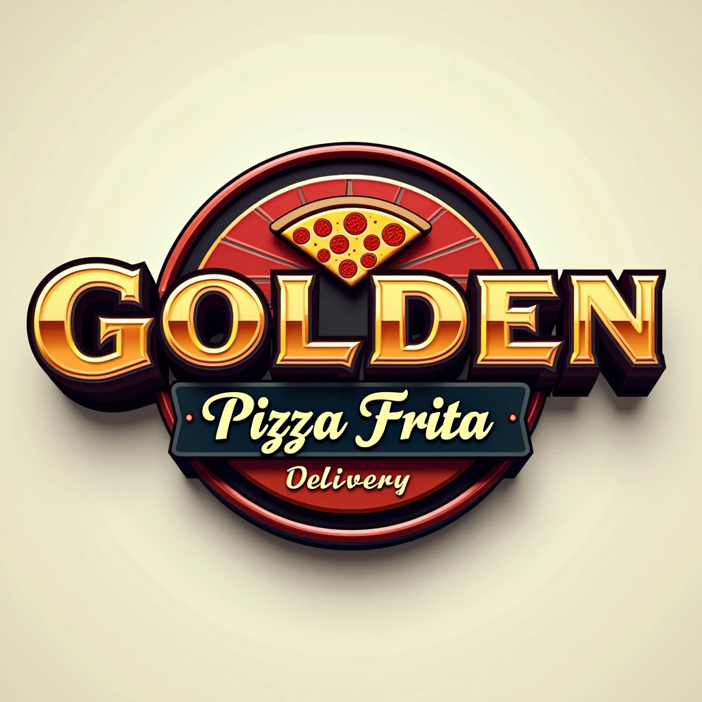 Create a logo image for a restaurant called “Golden” that will be highlighted, with the text “pizza frita” semi-highlighted and “delivery” below. Use bold, industrial-style fonts for the business name “Golden” to convey strength and durability. Include a color palette that reflects a delivery restaurant, with metallic hues like red and orange accented by a vibrant, contrasting color like black or blue to represent intensity of flavor. The design should be clean, modern, and professional, suitable for branding on various materials, such as business cards, signage, and company vehicles., 3D rendering. the background should be neutral