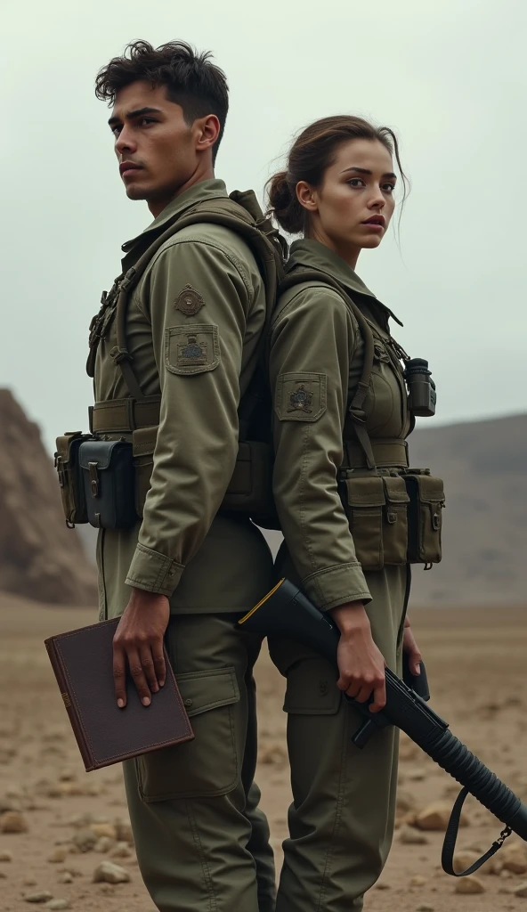 TWO YOUNG SOLDIERS (MALE AND FEMALE), back to back, with serious faces, WITH THE BIBLE INSTEAD OF A WEAPON, IN UNEXCUSED LAND AT THE END OF THE WORLD