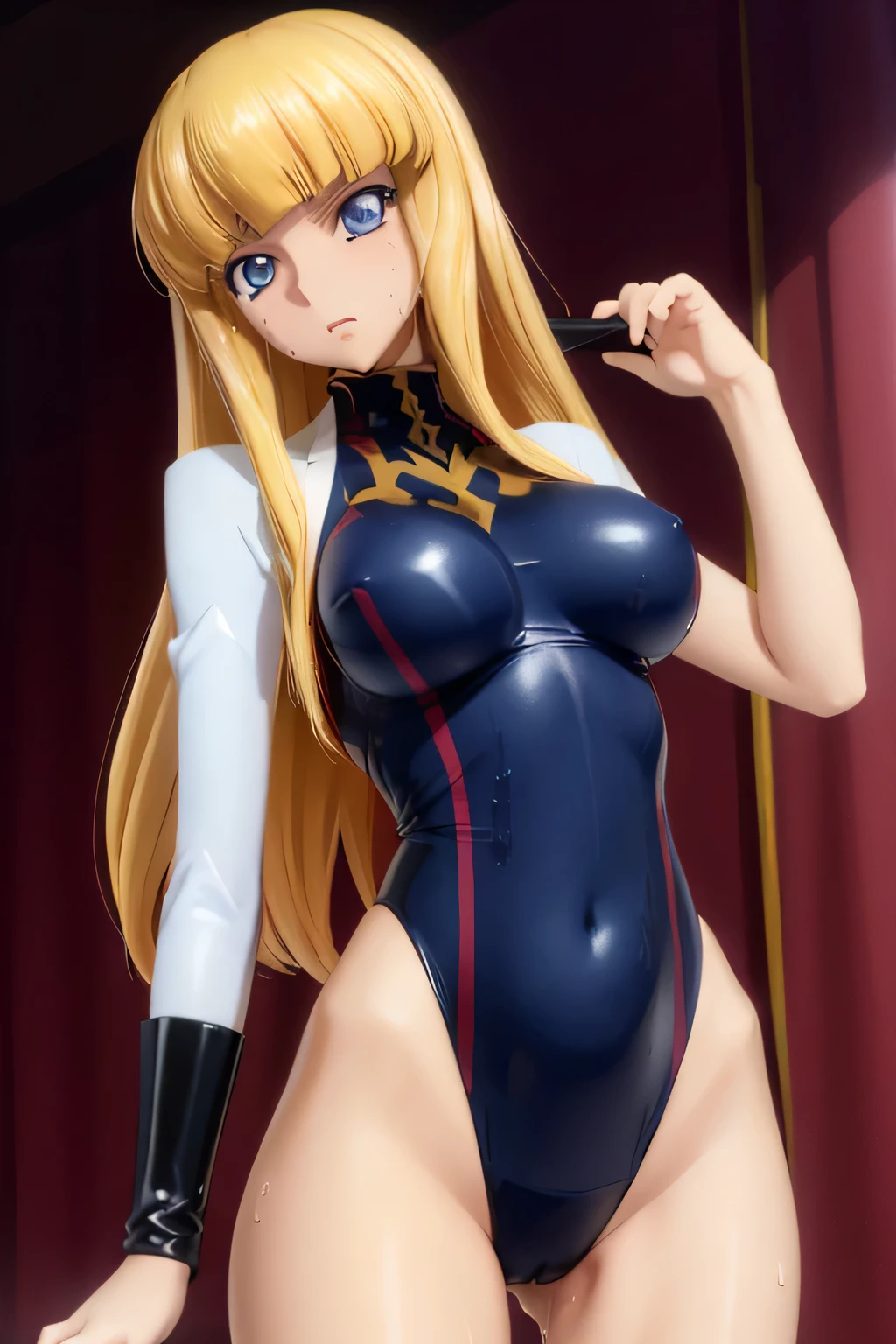 Highest quality,Highest Resolution,(((Latex competition swimsuit　Blonde　dark blue eyes　sweat)))　Code Geass　Monica　long hair　straight　expressionless　flat chest　woman　cool