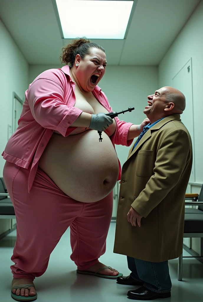 An angry fat woman in pink clothes with one of her arms having a super sharp drill and she works in a mental hospital,There is a fat man next to her,baldie,smiling and he is wearing a brown coat and he is being attacked by the woman and they are in a mental hospital room