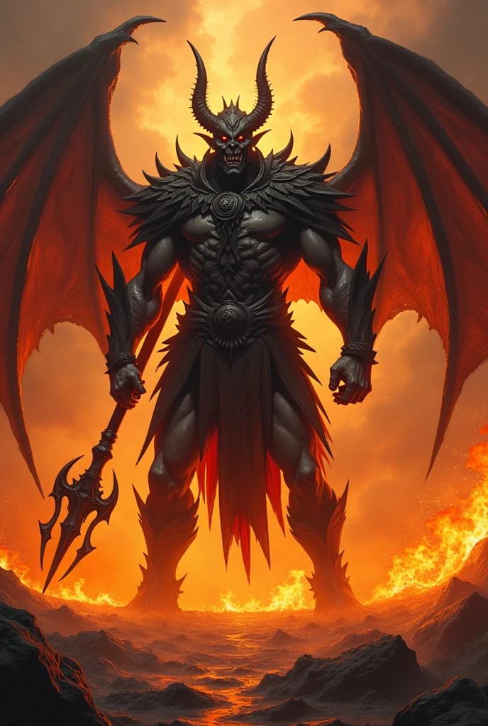 Hellfire scene, Fiery demon, humanoid, field of fire, holding massive detailed flaming trident, scary, humanoid, black devoid eyes, detailed demonic armor, strong pose, angry, hatred, evil look, facing me, fire, devil wings, roaring, ultra detailed, hyper realistic, photo realism 