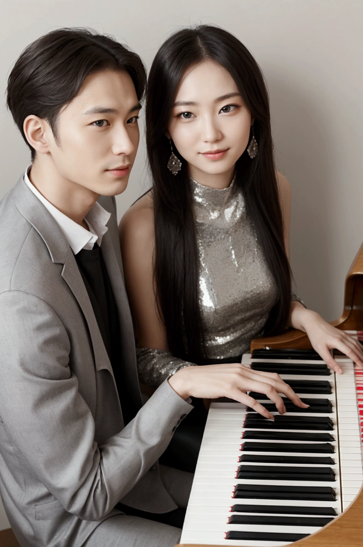 a man who looks like Suga is playing the piano with a beautiful woman wearing a black dress, super natural HD pro image