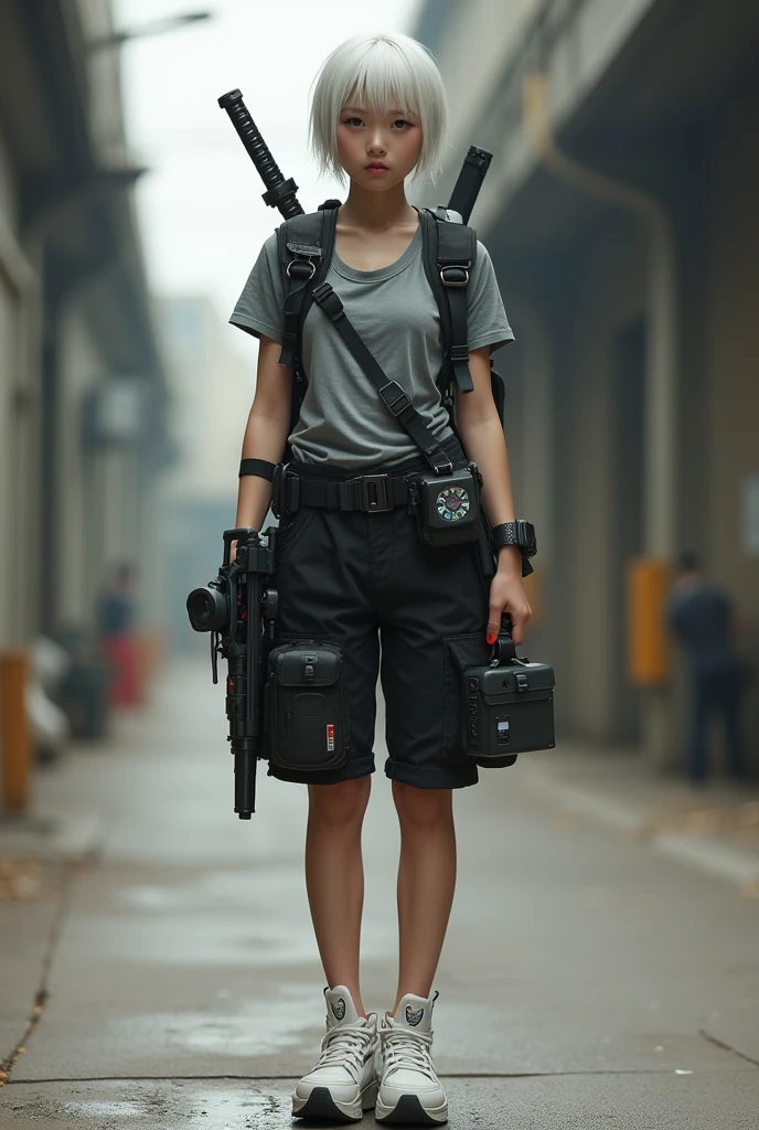 A girl with short white hair wearing a gray shirt and black shorts with weapons on the sides, a katana on the back, white tennis shoes with black details, large laces and a spy drone watch that is busty 