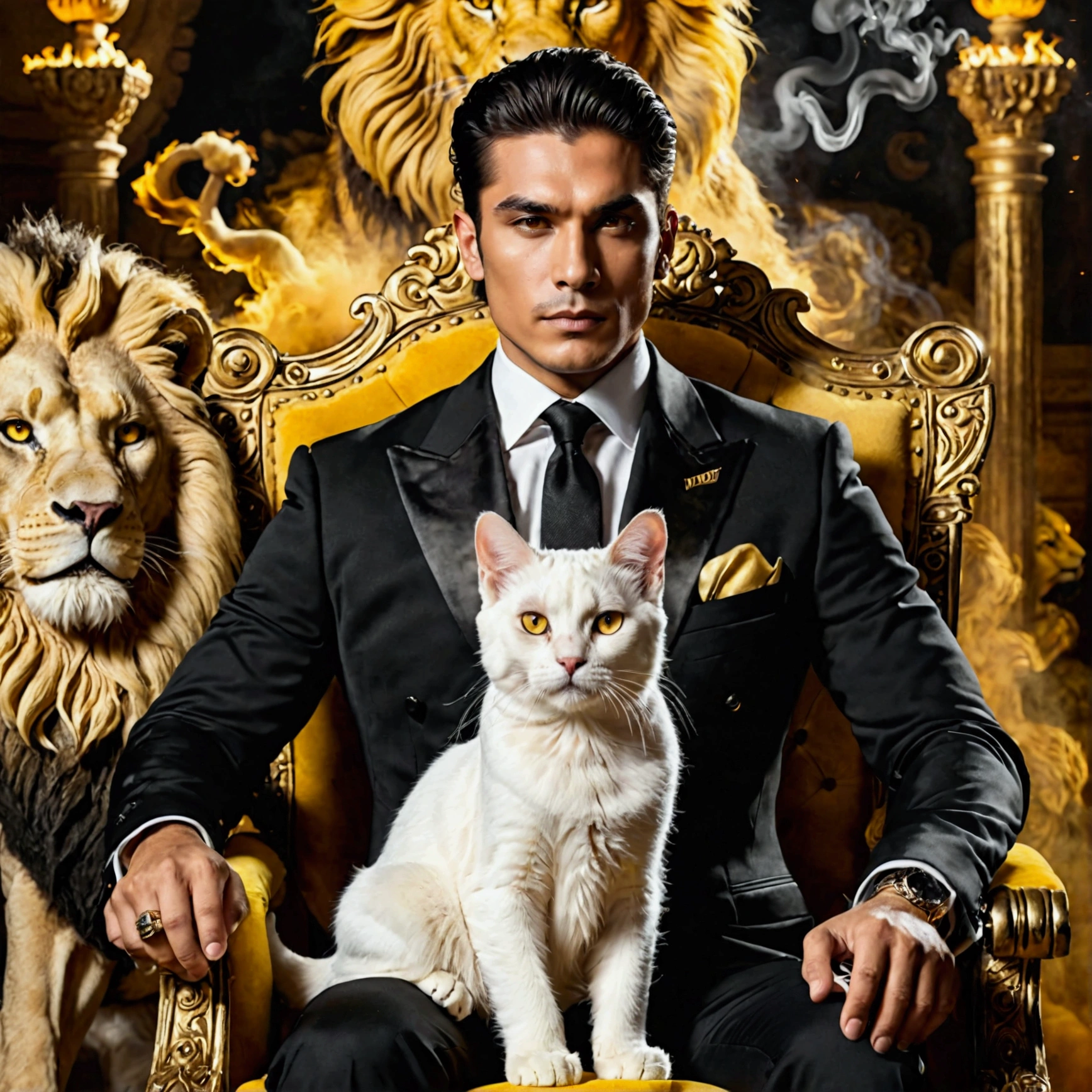 Create a realistic image where a man wearing black luxury suit and sitting on king size chair, he's holding a white cat 🐈 in his hand, there is smoke in background a shadow of lion and lion's eyes is glowing in yellow colour. In background the name "chico" is showing in bold effects.
