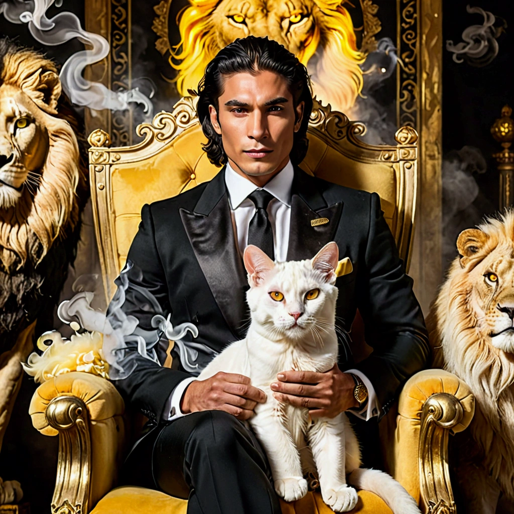Create a realistic image where a man wearing black luxury suit and sitting on king size chair, he's holding a white cat ๐ in his hand, there is smoke in background a shadow of lion and lion's eyes is glowing in yellow colour. In background the name "chico" is showing in bold effects.