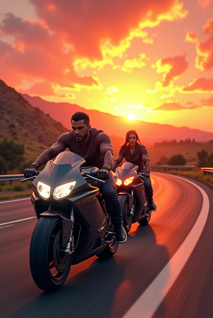 A road with the sunset at the end. Two sports bikes on the road heading towards the sun. One more masculine and the other more effeminate.