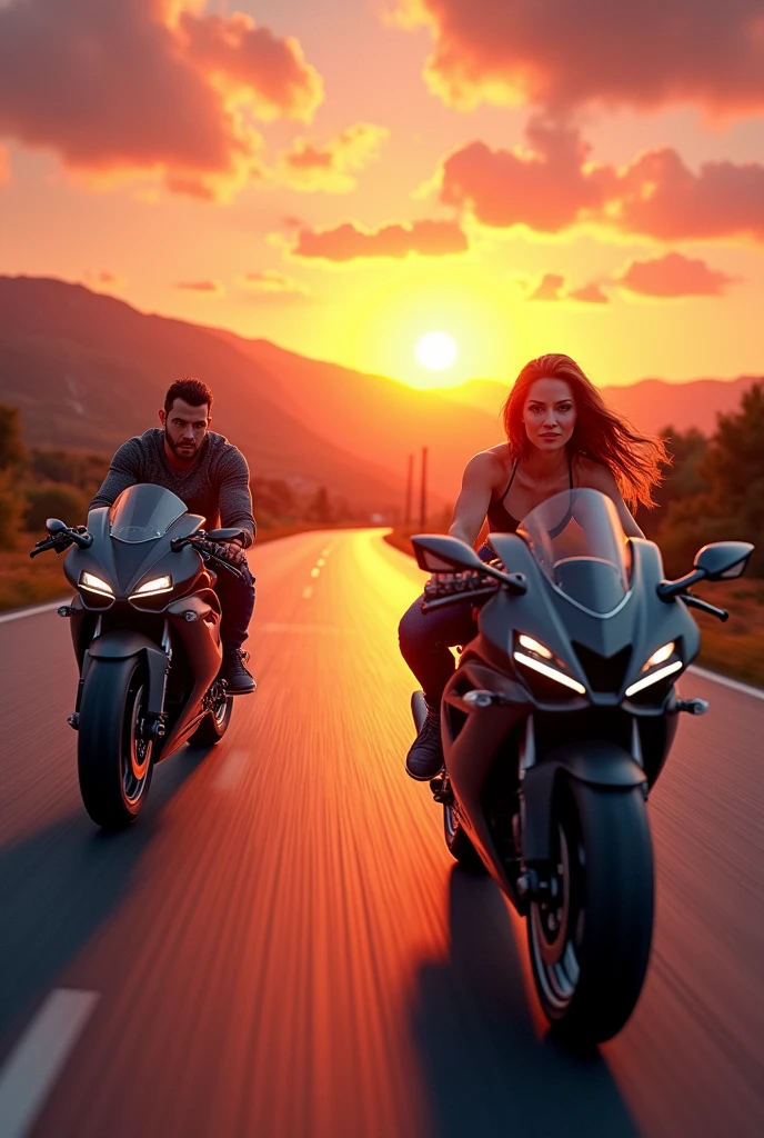 A road with the sunset at the end. Two sports bikes on the road heading towards the sun. One more masculine and the other more effeminate.