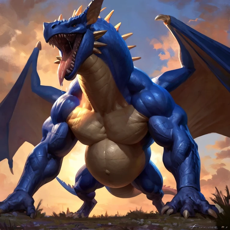 Detailed painting, by Taran Fiddler, closeup, outlook view, wide angle, dragoness, full body, feral, dainty, friendly, colorful, rounded snout, wings, pregnant-like belly, round belly, dominant belly, huge belly, bloated belly, big muscles, wide body, thick body muscles, powerfull muscles, beefy muscles, thick neck, tongue out, open mouth, saliva, hungry, voracious, glutonous, tall, enormous, giant, gigantic, colosssal size, gargantuan, kaiju, powerfull look, badass look, looking at viewer