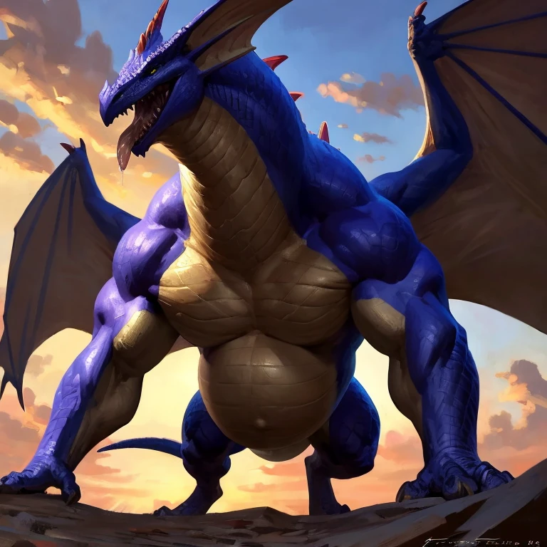 Detailed painting, by Taran Fiddler, closeup, outlook view, wide angle, dragoness, full body, feral, dainty, friendly, colorful, rounded snout, wings, pregnant-like belly, round belly, dominant belly, huge belly, bloated belly, big muscles, wide body, thick body muscles, powerfull muscles, beefy muscles, thick neck, tongue out, open mouth, saliva, hungry, voracious, glutonous, tall, enormous, giant, gigantic, colosssal size, gargantuan, kaiju, powerfull look, badass look, looking at viewer