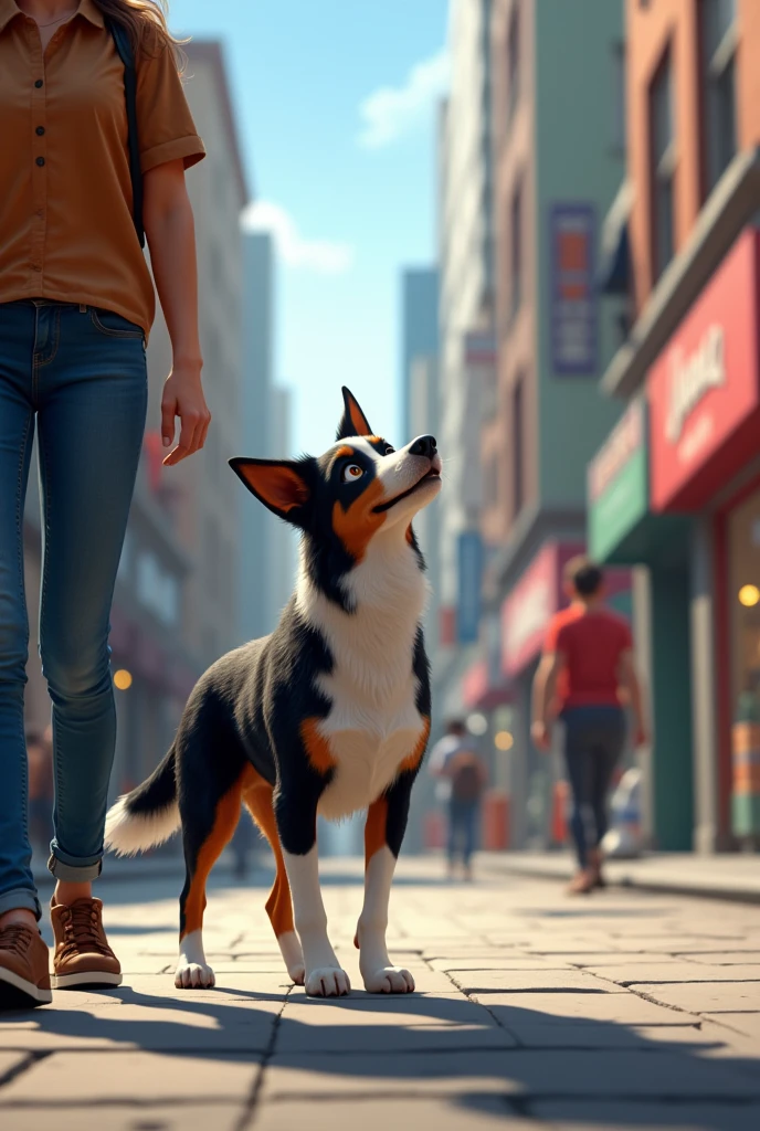 Border collie dans une ville avec sa maîtresse qu'il regarde