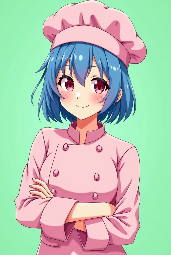 Female chef between 18 and 1, with a pink long-sleeved uniform and a chef's hat of the same color, 2D anime style with pastel colors, short blue hair, Red eyes ,with a happy smile, on a completely green and flat background