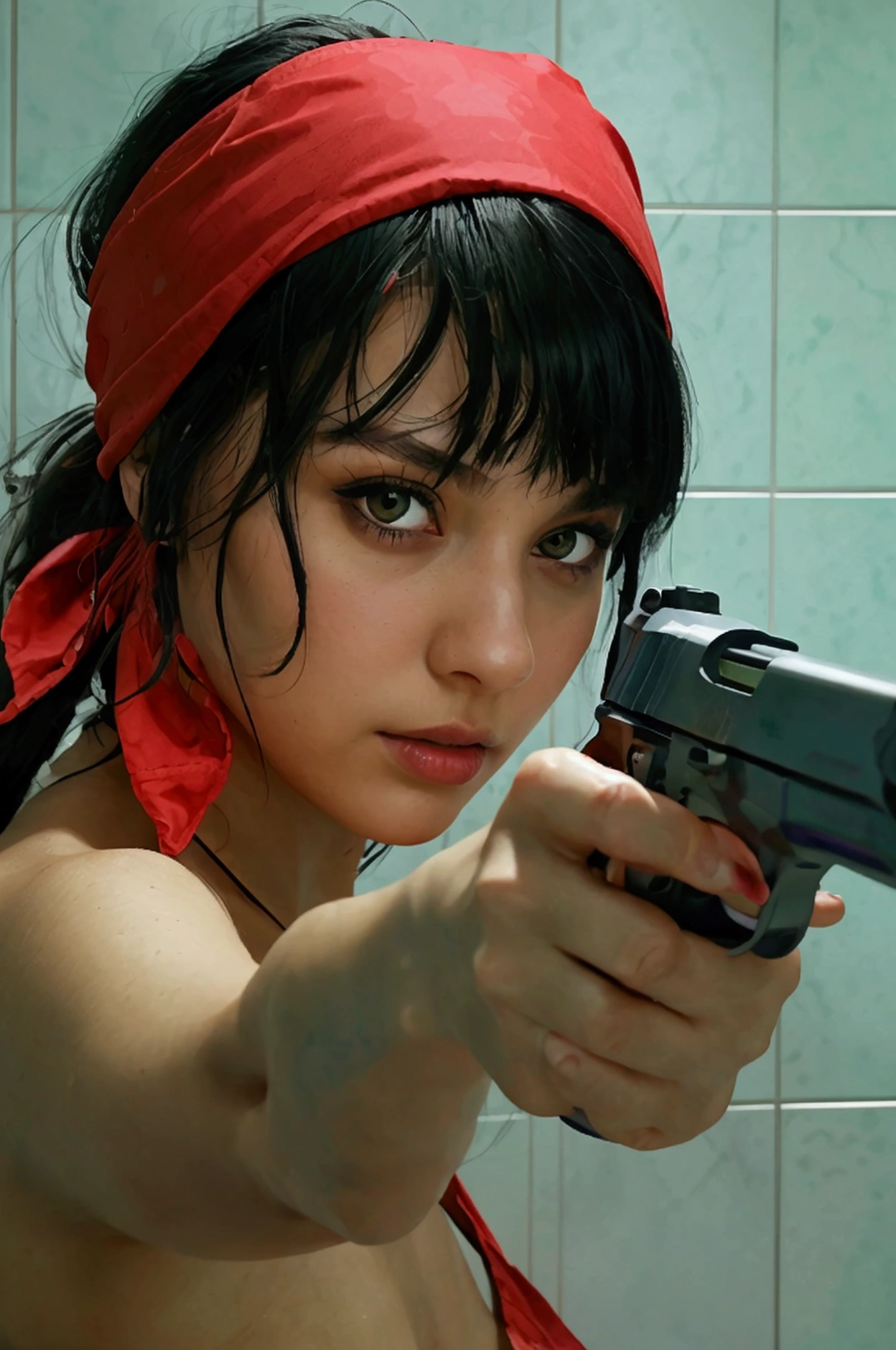 a woman thin, hair black, eyes green, wearing bandana purpler in your face with a gun a point for a girl in bathroom