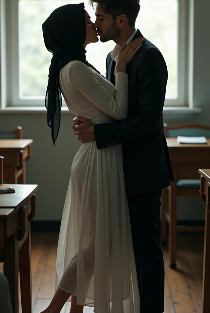 Black headscarf in class, barefoot in white long uniform, Sexy skinny female teacher kissing with a man.