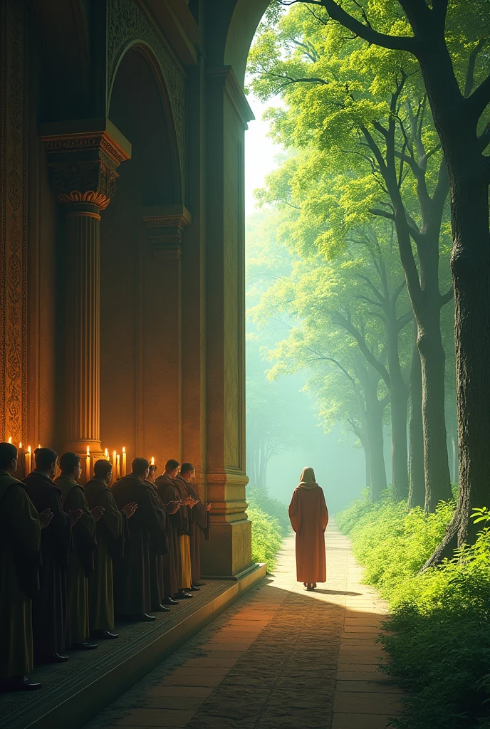 split image: On one side, a group of people at a religious ceremony on the other, a person walking in nature.