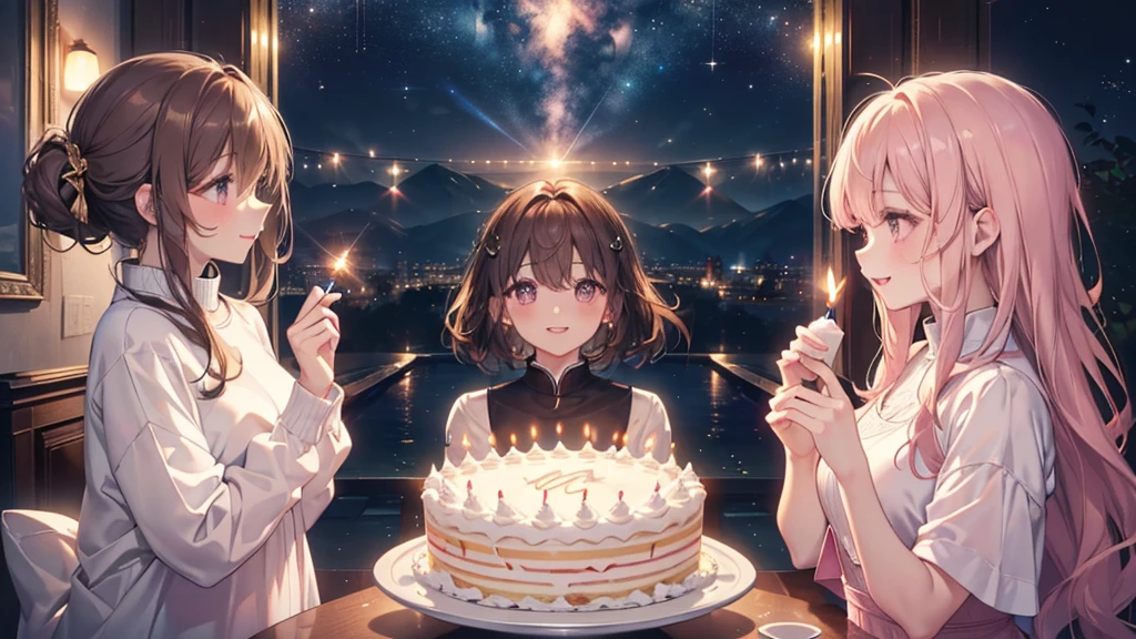 ((Highest quality、masterpiece、Ultra-fine、Ultra-fine、Exquisite、Golden Ratio,16K、Brown Hair,The best smile,Full HD、The night when your smile shines, wrapped in soft light )), (Top view,profile,Face blowing out candles on a birthday cake,One person))Long eyelashes、White skin、(Pale pink lips、Pale pink cheeks、thin and long)、((One person)),Birthday Party -,Your smile shines like the stars in the night sky