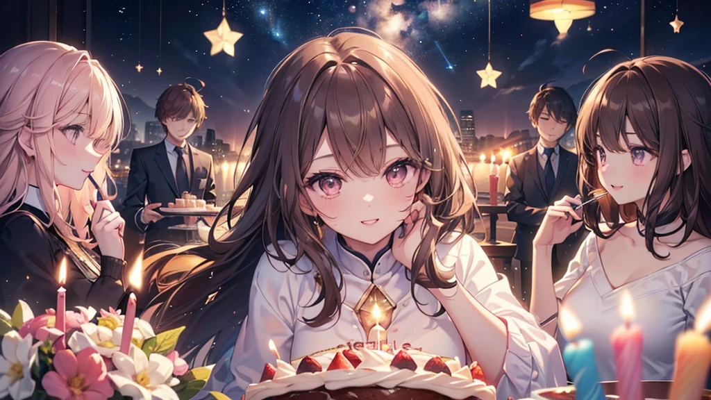 ((Highest quality、masterpiece、Ultra-fine、Ultra-fine、Exquisite、Golden Ratio,16K、Brown Hair,The best smile,Full HD、The night when your smile shines, wrapped in soft light )), (Top view,profile,Face blowing out candles on a birthday cake,One person))Long eyelashes、White skin、(Pale pink lips、Pale pink cheeks、thin and long)、((One person)),Birthday Party -,Your smile shines like the stars in the night sky