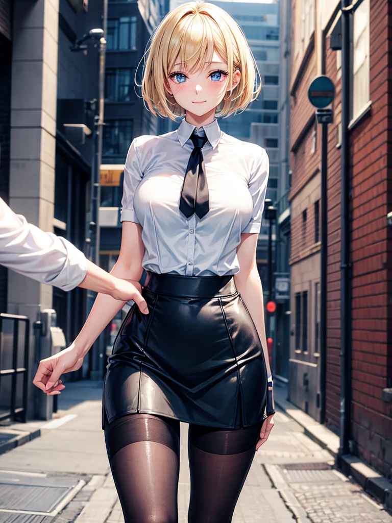 Anime style, super fine illustration, highly detailed, beautiful detailed, perfect detailed, super high quality image, static representation, gentle expression, happy expression, the pretty image, super stylish, 8k, pretty 1girl with blonde straight short hair & blue eyes & a bright smile & full bust & soft fair skin is a career woman who is very hard working not to show her skin wearing big business shirt & black tight skirt & black pantyhose on the urban business buildings street, in the morning, solo, perfect fingers, no more fingers, no less fingers, perfect arms, no more arms, perfect legs, no more legs, no more hair, masterpiece.