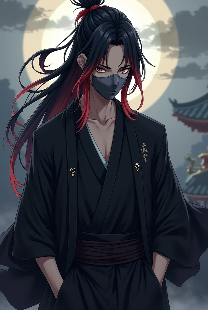 Create an anime style male character wearing a black haori with long black hair with red tips tied into a samurai cookie with a gray mask 