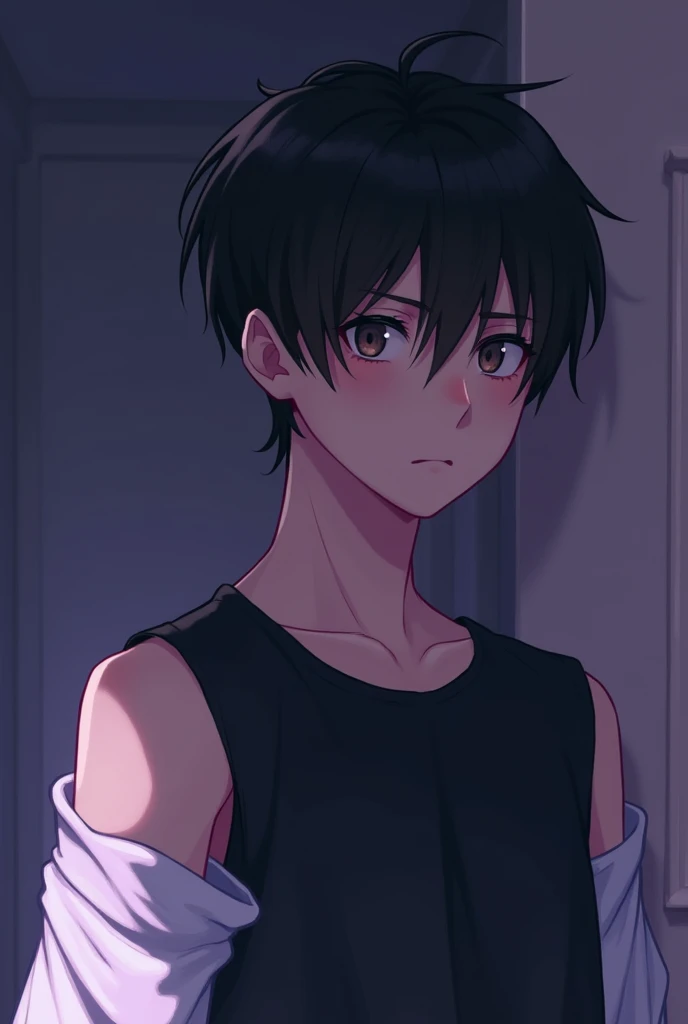 Boy man turned sideways looking forward at the camera, Black sleeveless t-shirt over white long-sleeved t-shirt , short straight black hair, hunter-shaped eyes, tired look, violet color, serious face.