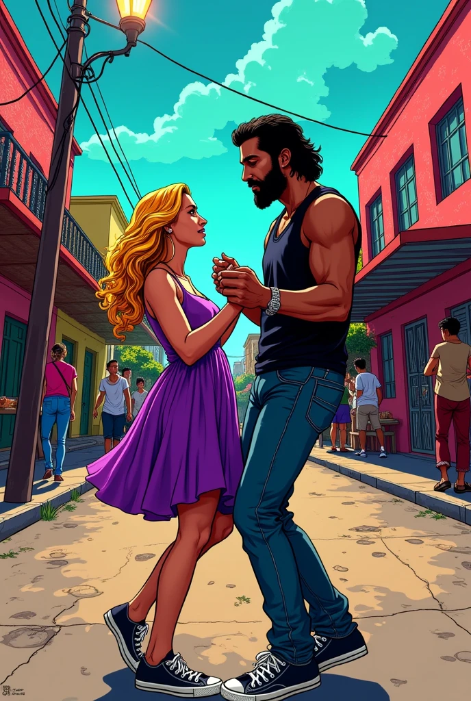 Make a comic book style image like batman, of a couple dancing cumbia, with rock clothing. the short, blonde, and boluctuosa woman with a purple dress and Converse sneakers and the dark-skinned man with a beard, robust and tall at a popular neighborhood party, like Tepito in CDMX, the slightly dirty street with a psychedelic sky, very dense beautiful with a perspective to the left and from above