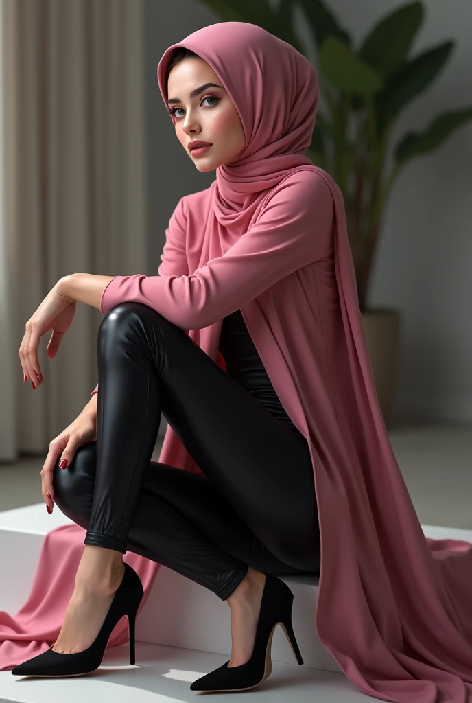Perfect hijab girl pink, high heels perfect beine, reslist, leggings, sexy pose, Sitting