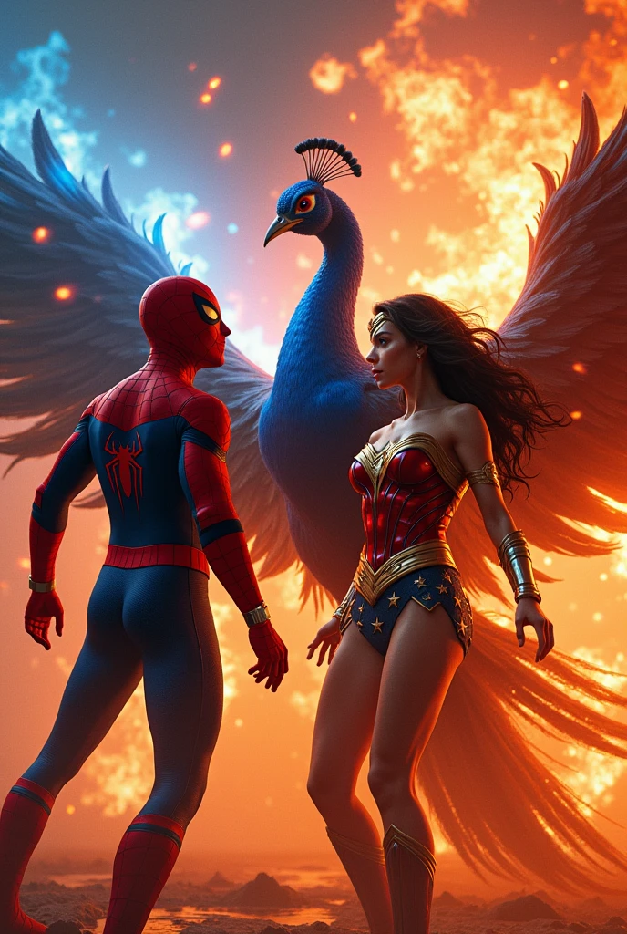 An Image with a spider man wonder women in sexy clothes and a danger peacock with both in red and blue fire and "TRX Movies" written in large size in golden red Font in in the background