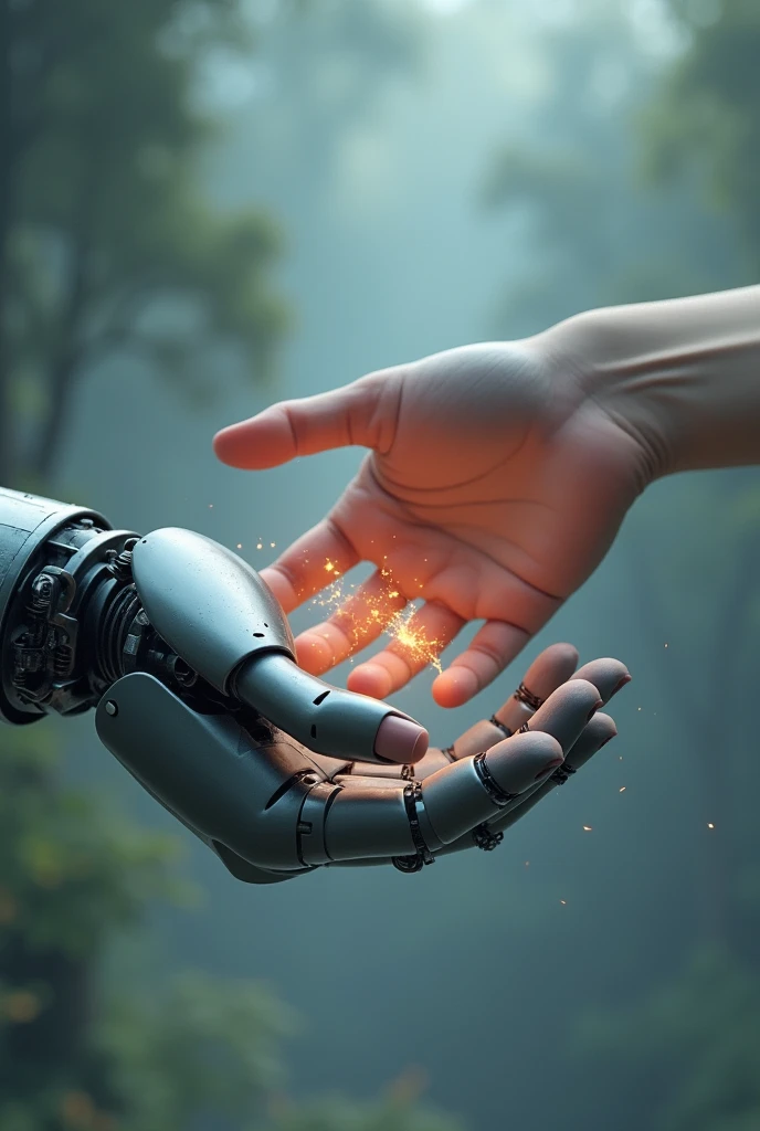 the hand of an artificial intelligence and a human hand