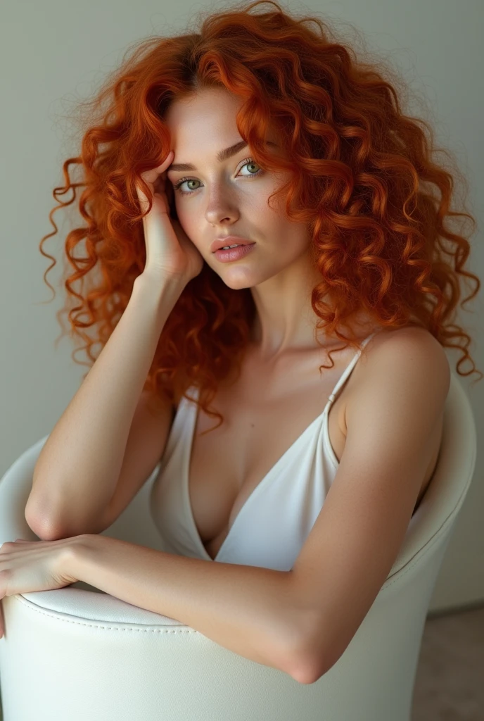 attractive red curly woman sitting in white leather chair