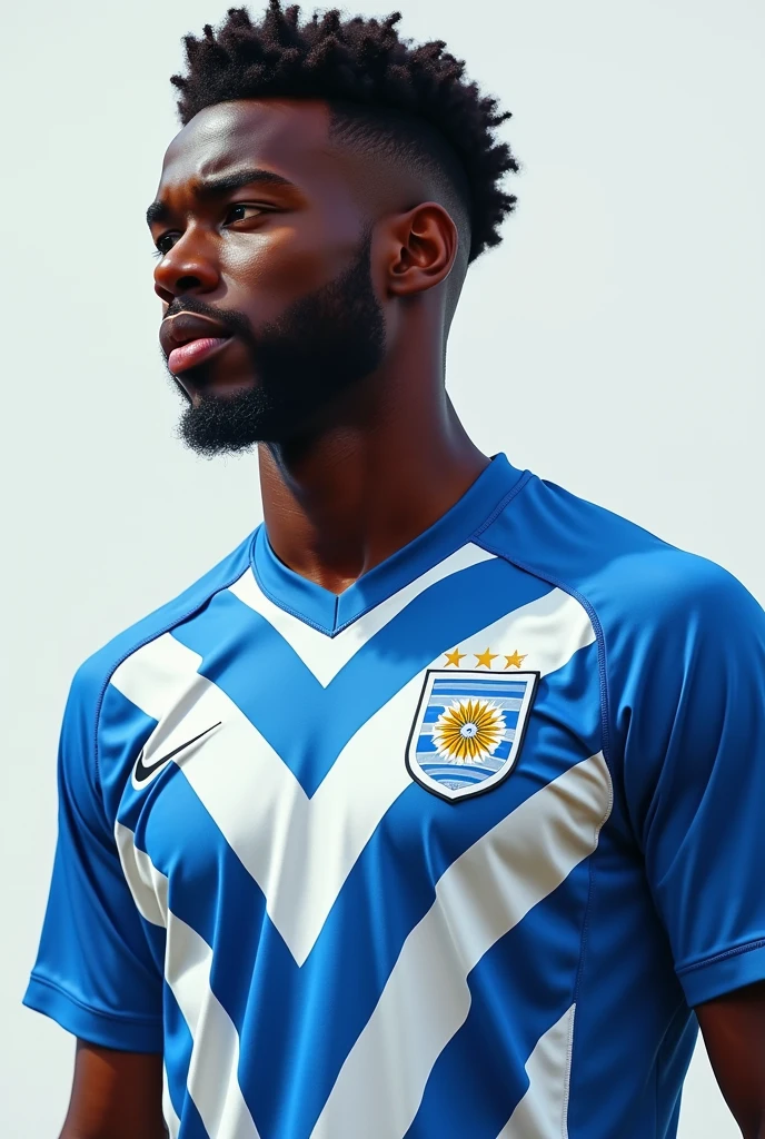 Create a black man using a unique blue and white Uruguay football team shirt