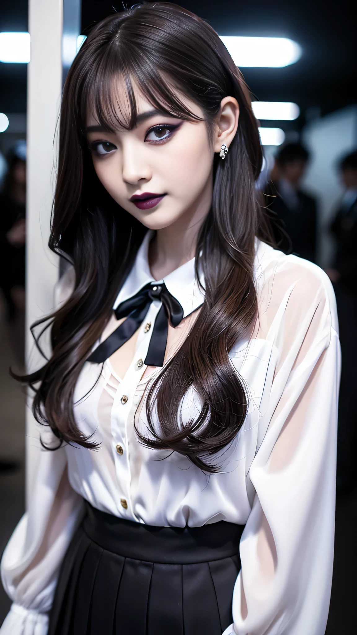 best quality、ultra-detailed、8k、Japanese、Seductive beauty、seductive adult woman、Pretty Woman、cool girl、smirk、Wicked Smile、Villainess、brainwash makeup、brainwash、Fallen into evil、Evil look、evil、Brown hair、wavy hair、swept bangs、dark makeup、piercing eyes、hollow eyes,half-closed eyes、Hollow Eyes、purple Eyeshadow、black lipstick、black lipglos、Purple Eyeshadow、black lipstick、black lip gloss、Dark Makeup、smirk、Whisper in my ear、business suit、black Jacket、white blouse、Black ribbon、Wide sleeves、Pleated skirt、pantyhose、night、inside darkroom、I have lipstick、Are standing、shoot from below、Hold your hand forward、