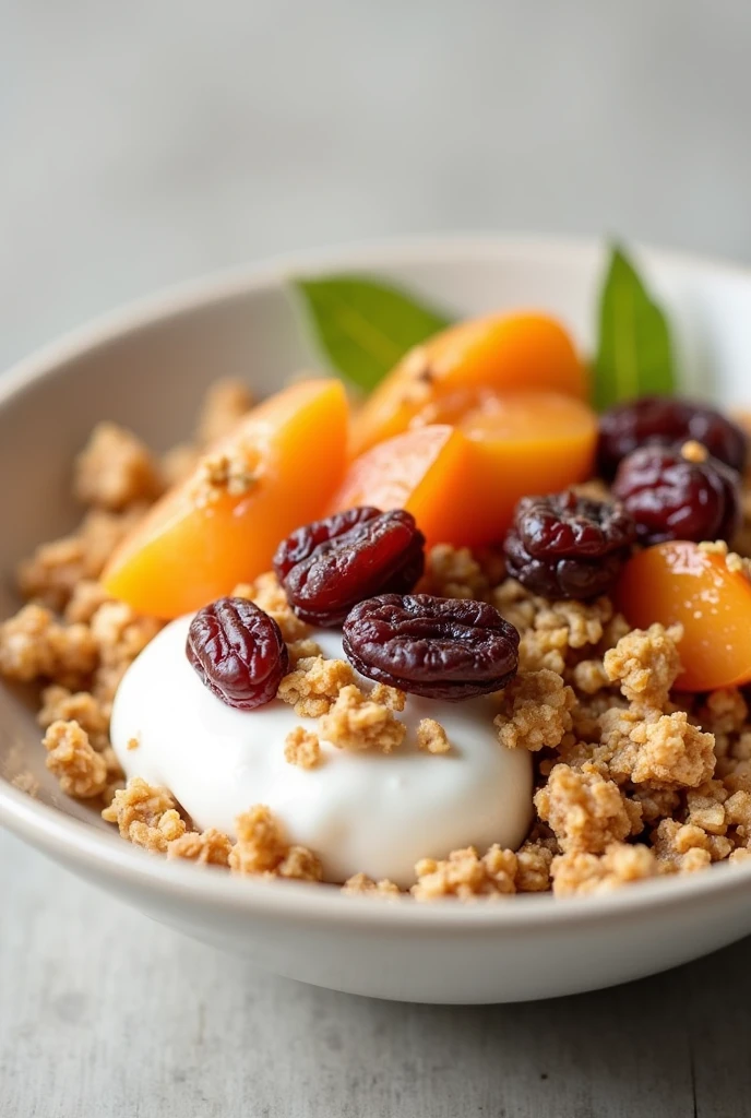 1 natural yogurt (or vegetable yogurt) with a serving of sugar-free granola and a handful of dried fruit (raisins, apricots).