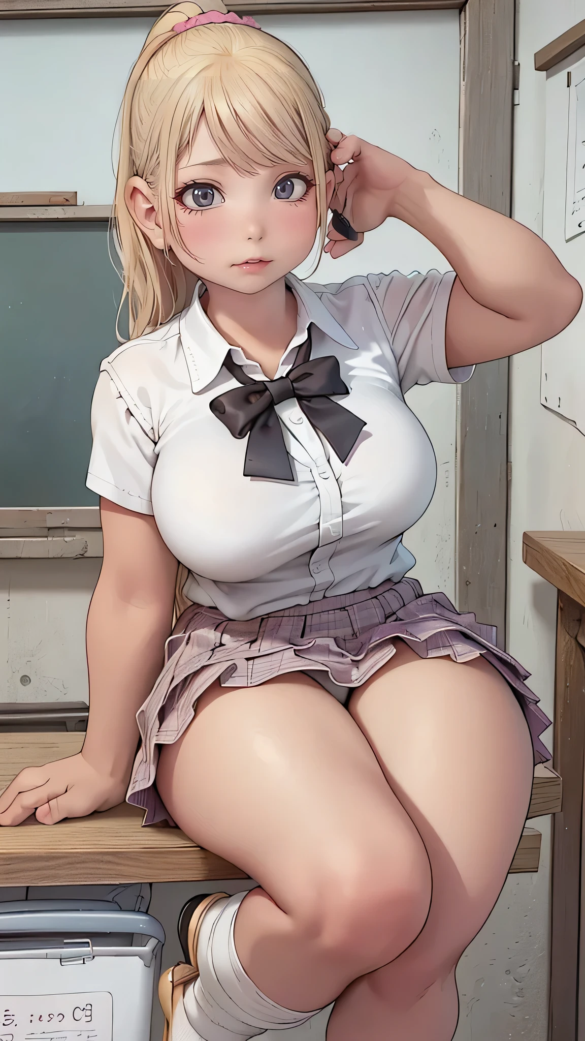 (masterpiece:1.3, highest quality), (realistic, photorealistic:1.4), beautiful illustrations, perfect lighting, colorful, Depth of the bounds written,
looking at the viewer, full body, Front view:0.6, 1 girl, alone, Japanese, high school girl, Improve, (big breasts:0.8, big ass, seductive thighs, skin dents),
(long hair:1.5, side ponytail), asymmetrical bangs, purple eyes, parted lips, (very tanned and shiny skin),
beautiful hair, beautiful face, highly detailed face, detailed and beautiful eyes, beautiful clavicle, beautiful body, beautiful breasts, beautiful thighs, beautiful feet, beautiful fingers, ((collared short sleeve shirt, white shirt, school uniform, pink plaid pleated skirt, black tie)), white panties, polka dot hair scrunchie,
( sexy pose), (enchanting smile), evening,Sit in the classroom,gal,(brown skin:1.5),(blonde:1.5),(view from below),