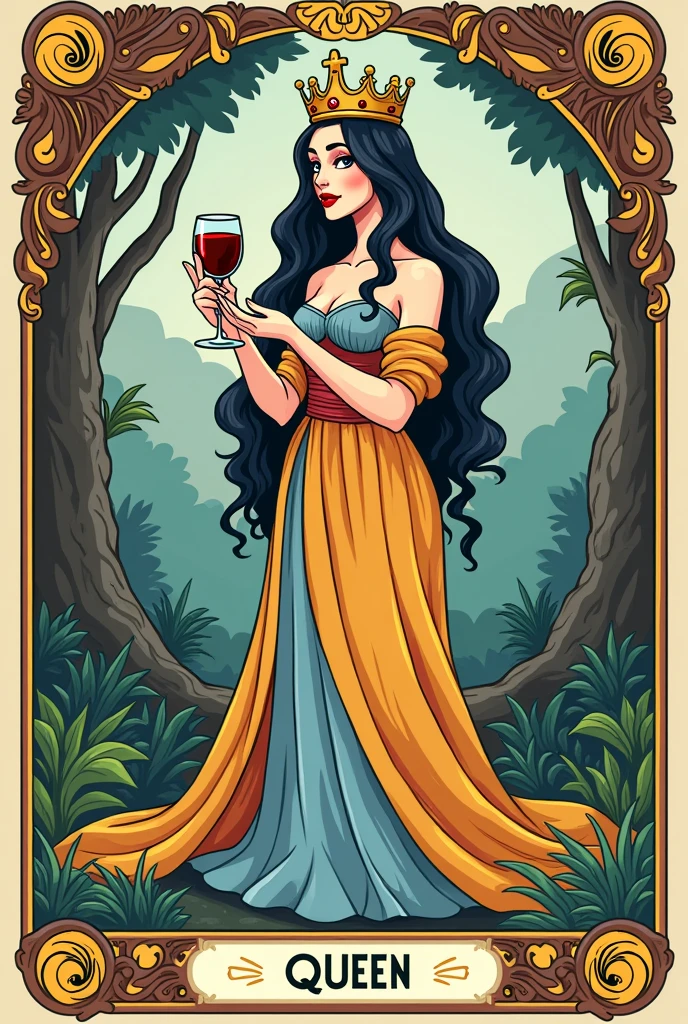 The queen of cups with a glass of wine in her hand inside a cartoon style deck of cards