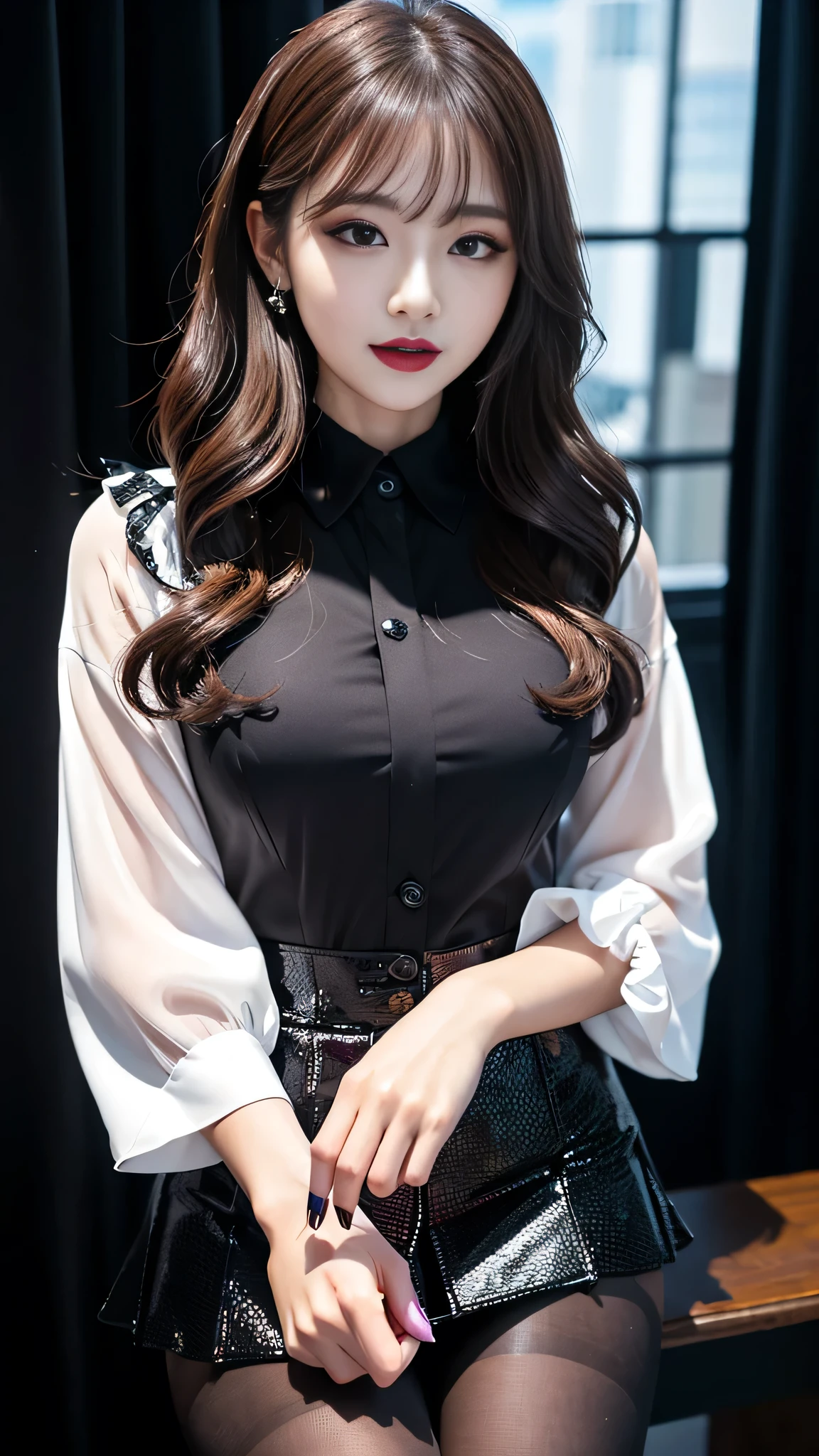best quality、ultra-detailed、8k、Japanese、Seductive beauty、seductive adult woman、Pretty Woman、cool girl、smirk、Wicked Smile、Villainess、brainwash makeup、brainwash、Fallen into evil、Evil look、evil、Brown hair、wavy hair、swept bangs、dark makeup、piercing eyes、hollow eyes,half-closed eyes、Hollow Eyes、purple Eyeshadow、black lipstick、black lipglos、Purple Eyeshadow、black lipstick、black lip gloss、Dark Makeup、smirk、Whisper in my ear、business suit、black Jacket、white blouse、Black ribbon、Wide sleeves、Pleated skirt、pantyhose、night、inside darkroom、I have lipstick、Are standing、shoot from below、Hold your hand forward、