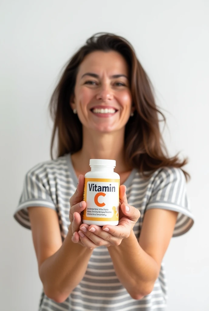 A 50-year-old white-skinned lady , Dark brown hair, happy holding a bottle of vitamin C - pascoe Image background white color