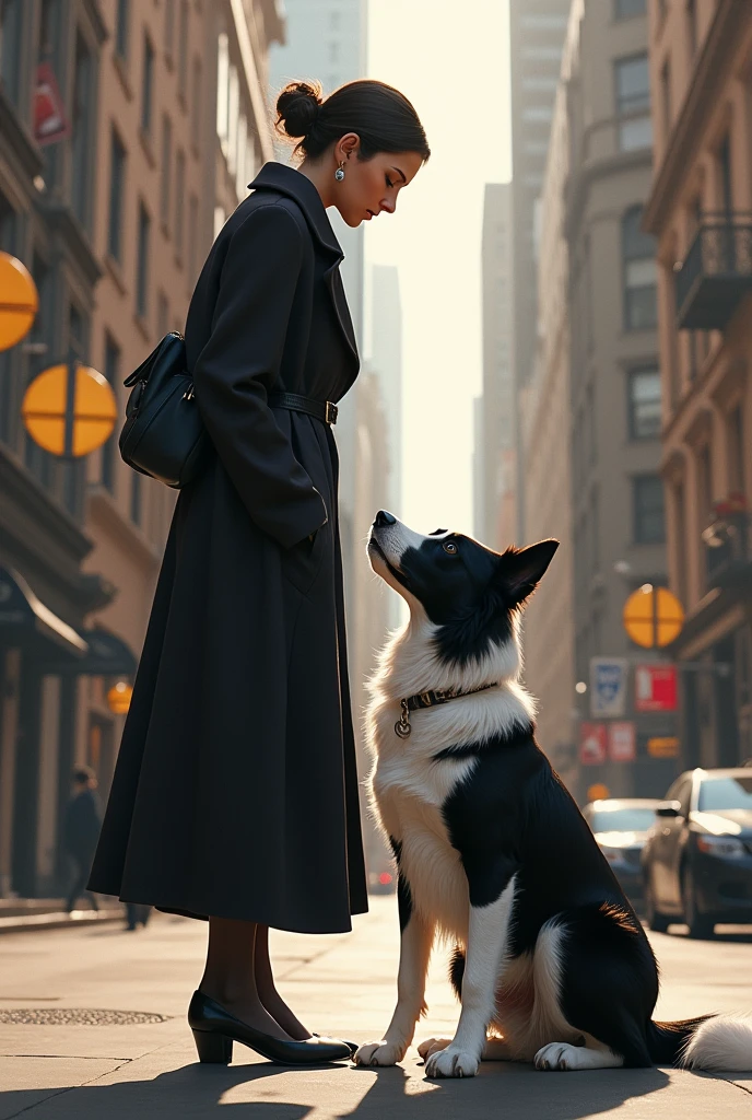 Border collie nair et blanc avec sa maîtresse qu'il regarde dans une ville 