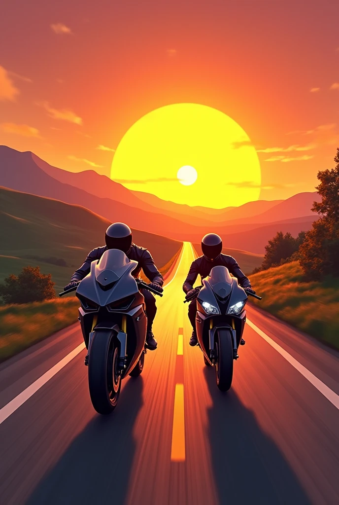 A road with the sunset at the end. Two sports bikes on the road heading towards the sun. One more masculine and the other more effeminate. Both in biker outfits and helmets.