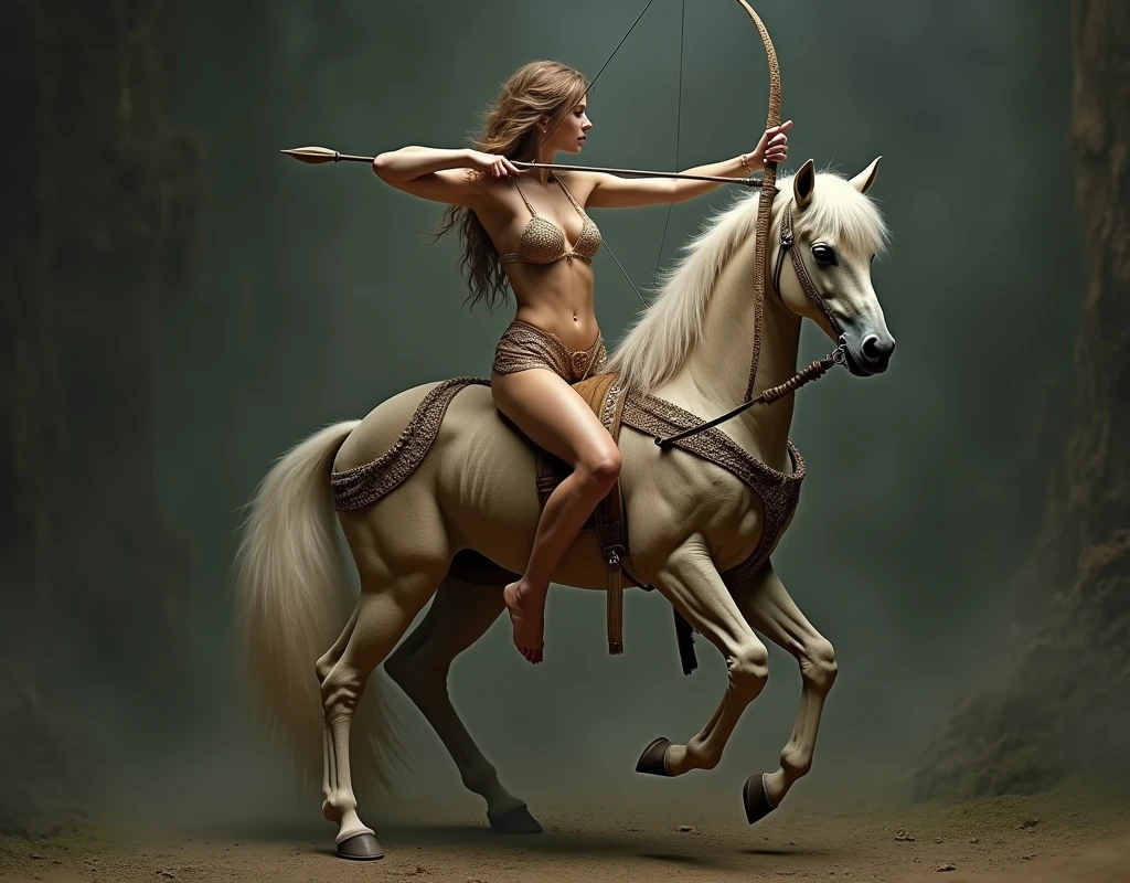 a beautiful young woman disguised as a centaur, with a highly detailed and intricate false centaur lower body attached at the waist, holding a bow and arrow in a sensual pose, her own lower body also disguised to look like horse front legs, with a meticulously crafted centaur torso, hind legs and tail extending from the back, incredibly realistic and cinematic in appearance, highly detailed, 8k, hyper-realistic, masterpiece, ethereal, fantasy, magical realism, dramatic lighting, rich colors, intricate detail