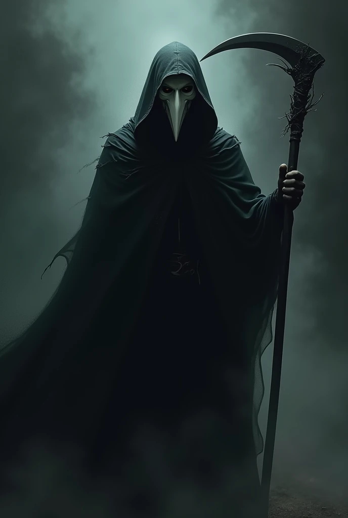 man in hood and black cloak, with a white crow mask, black eyes with white pupils, holding a shadow scythe