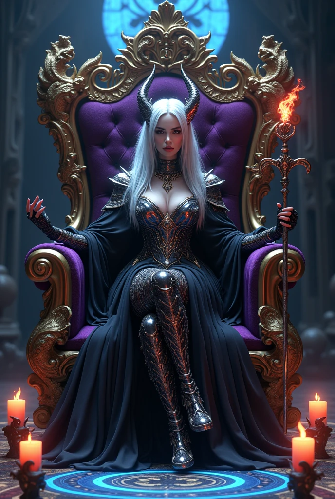 Surreal Very detailed Ultra Fantasy Ultimate Details Ultra-high resolution 8K 32k 3D clear, Beautiful Eyes Silver Hair Chairに座る assassin devil anacondas on both shoulders spitting flames mechanical engineering Mechanic Art . intricate and elaborate design, おmoney, money Silver Silver 紫 Black-purple Dynamic pose Cinema Lighting Magic spell aura Chairに座る Blue magic circle design big, luxurious amulet made of money Bright colors girl 美しく神秘的なdevilの魔術師 Nice, Mysterious and cool tiara The ultimate mysterious design devil'Rainbow armor 神秘的なdevil'Chair Armor with a luxurious texture girl Breaking the Magic Seal 足元には4本のエキゾチックなdevilのロウソク 右手にdevilのデザインの豪華なメタリックな剣を持っている In his left hand he holds a large, burning red torch Head Jewelry