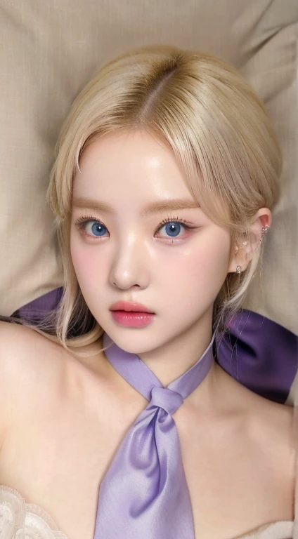 Blonde haired girl with a blue tie and a purple bow and blue like eyes., lalisa manobal, ulzzang, Lalisa Manoban of Blackpink, her face looks like an orchid, pale and light skin!!, pale round face, roseanne park by blackpink, Kawaii realistic portrait, sakimichan, Portrait of Jossi from Blackpink, Jinyoung Shin, pale korean adorable face