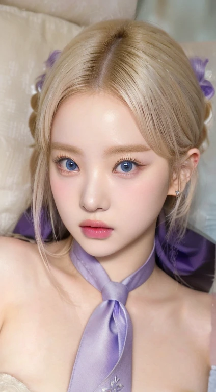 Blonde haired girl with a blue tie and a purple bow and blue like eyes., lalisa manobal, ulzzang, Lalisa Manoban of Blackpink, her face looks like an orchid, pale and light skin!!, pale round face, roseanne park by blackpink, Kawaii realistic portrait, sakimichan, Portrait of Jossi from Blackpink, Jinyoung Shin, pale korean adorable face