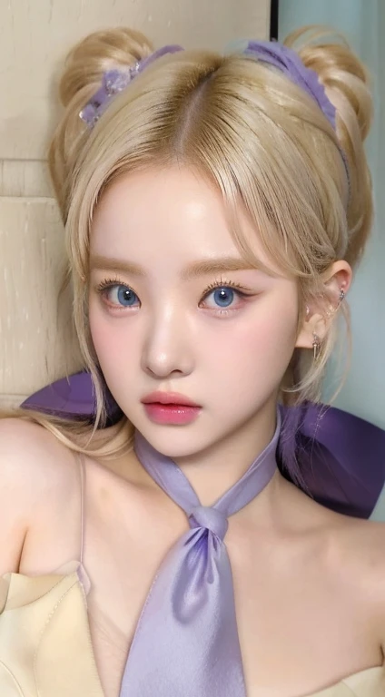 Blonde haired girl with a blue tie and a purple bow and blue like eyes., lalisa manobal, ulzzang, Lalisa Manoban of Blackpink, her face looks like an orchid, pale and light skin!!, pale round face, roseanne park by blackpink, Kawaii realistic portrait, sakimichan, Portrait of Jossi from Blackpink, Jinyoung Shin, pale korean adorable face