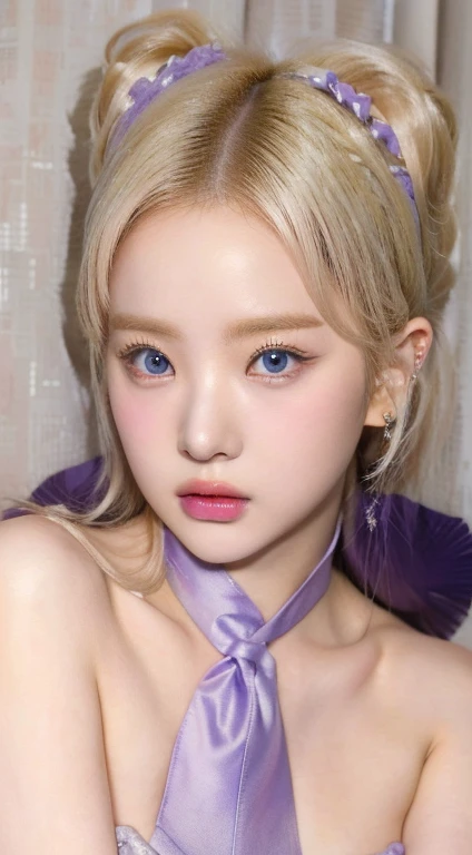 Blonde haired girl with a blue tie and a purple bow and blue like eyes., lalisa manobal, ulzzang, Lalisa Manoban of Blackpink, her face looks like an orchid, pale and light skin!!, pale round face, roseanne park by blackpink, Kawaii realistic portrait, sakimichan, Portrait of Jossi from Blackpink, Jinyoung Shin, pale korean adorable face