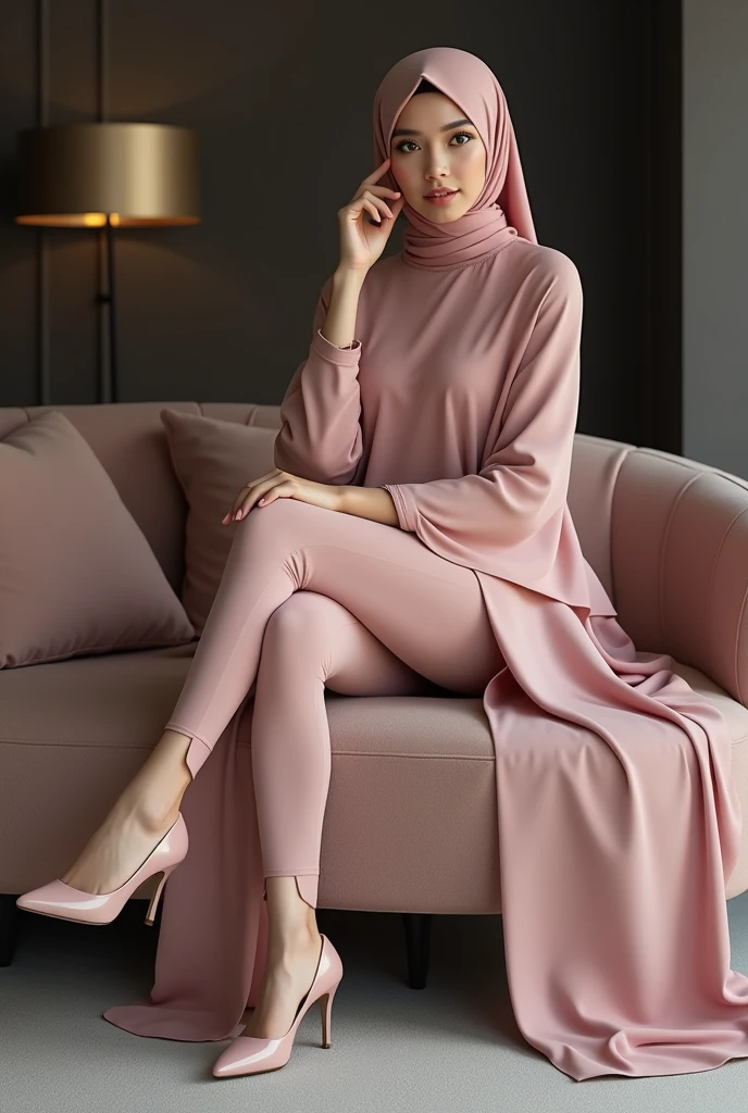 Perfect hijab girl pink, high heels perfect beine, reslist, leggings, sexy pose, sitting on sofa legs crossed